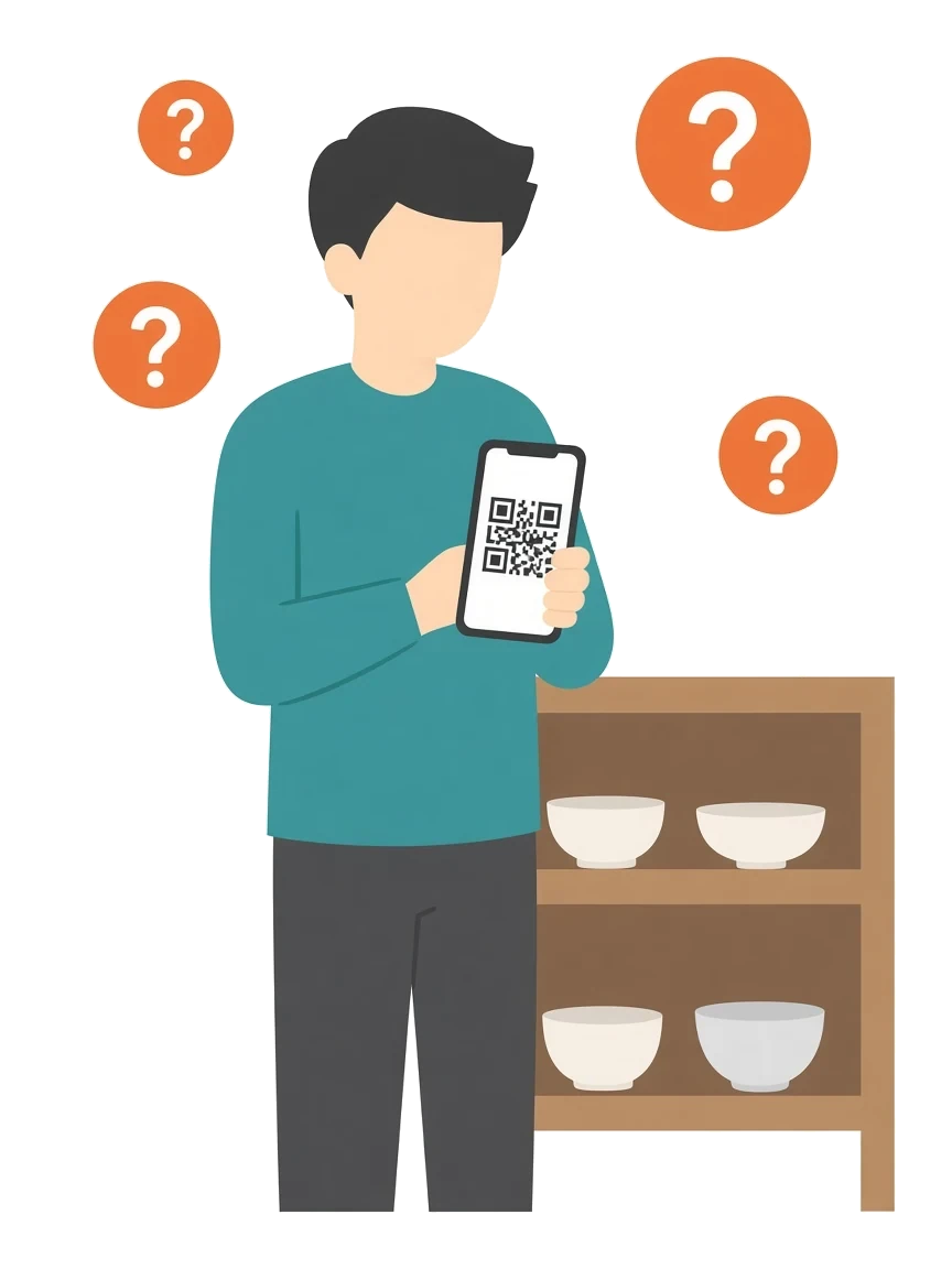 QRを表示したスマホを持つ人と、器の棚、オレンジの疑問符