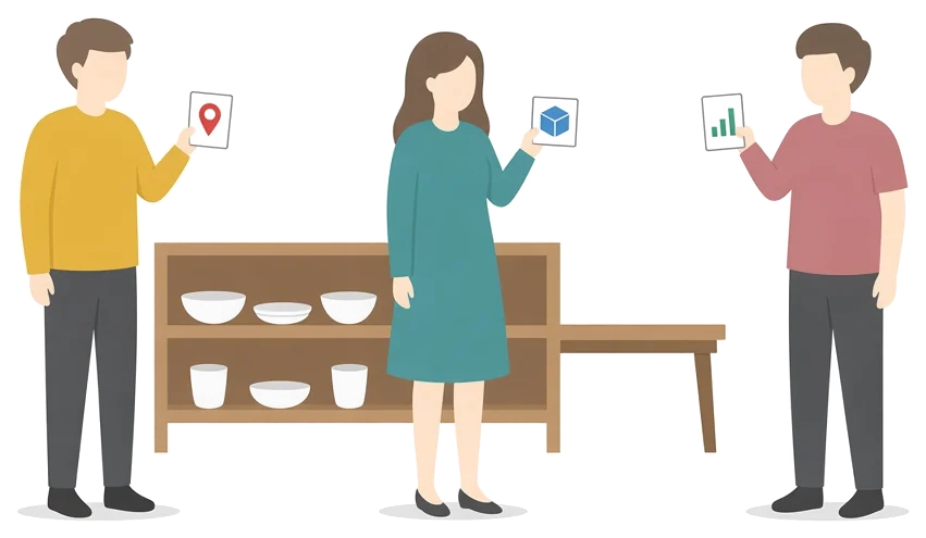 1か所の商品情報から、スタッフには置き場所、お客様には4言語の案内、店長には読み取り数が届く